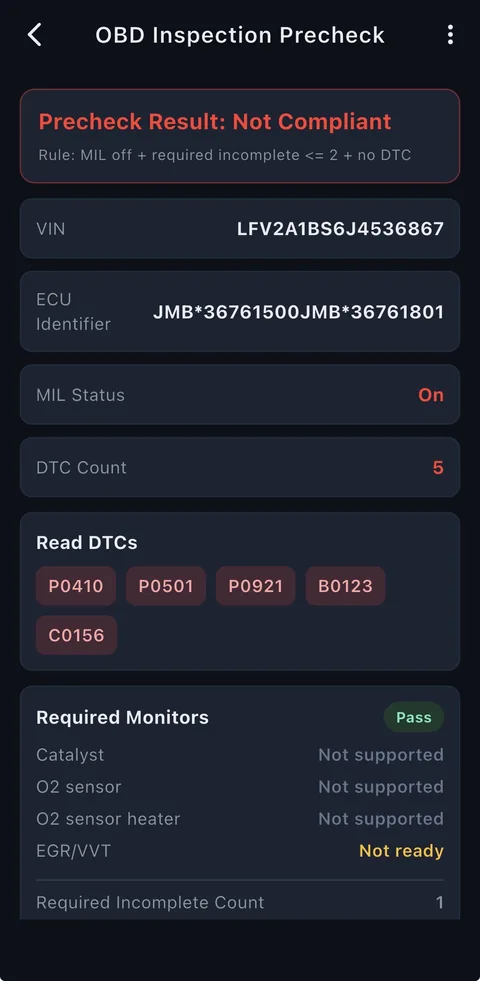 OBD CAN interface example: OBD2 Emissions Readiness Precheck
