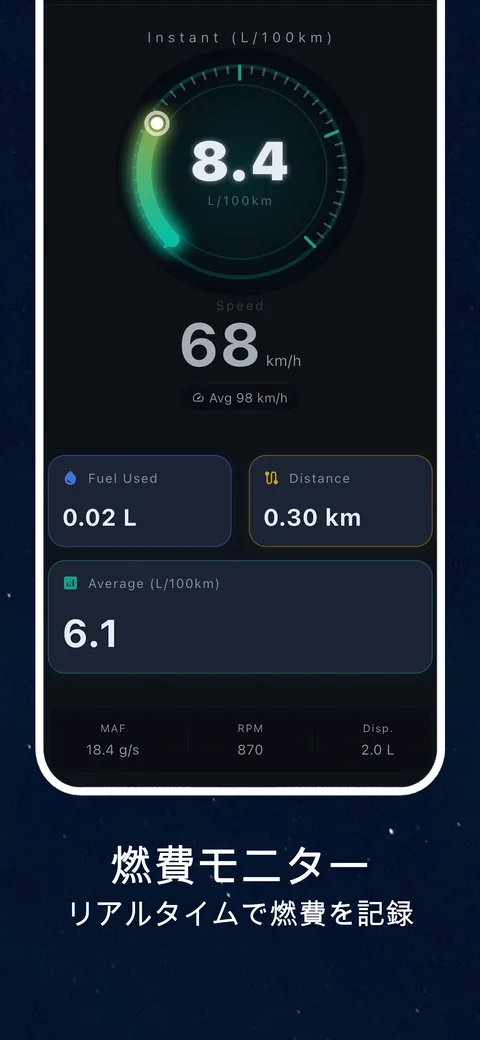OBD CANの画面例： OBD2データで燃費を記録する