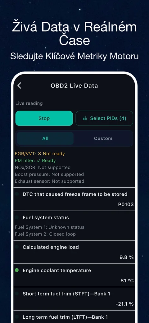 Příklad rozhraní OBD CAN: Živá data OBD2: zjistěte, co podporované senzory právě hlásí