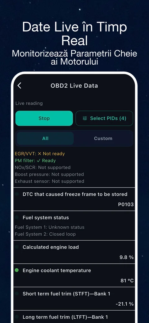 Interfața aplicației OBD CAN cu datele vehiculului Date OBD2 live: aflați ce raportează senzorii acceptați în acest moment