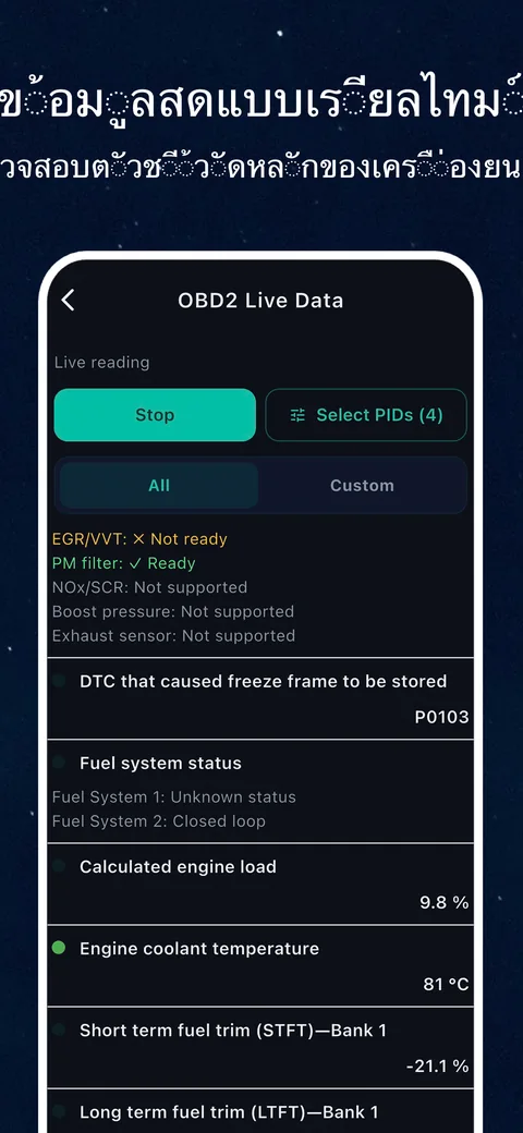 ตัวอย่างอินเทอร์เฟซ OBD CAN: ข้อมูล OBD2 เรียลไทม์: ดูสิ่งที่เซนเซอร์ที่รองรับรายงานในขณะนี้