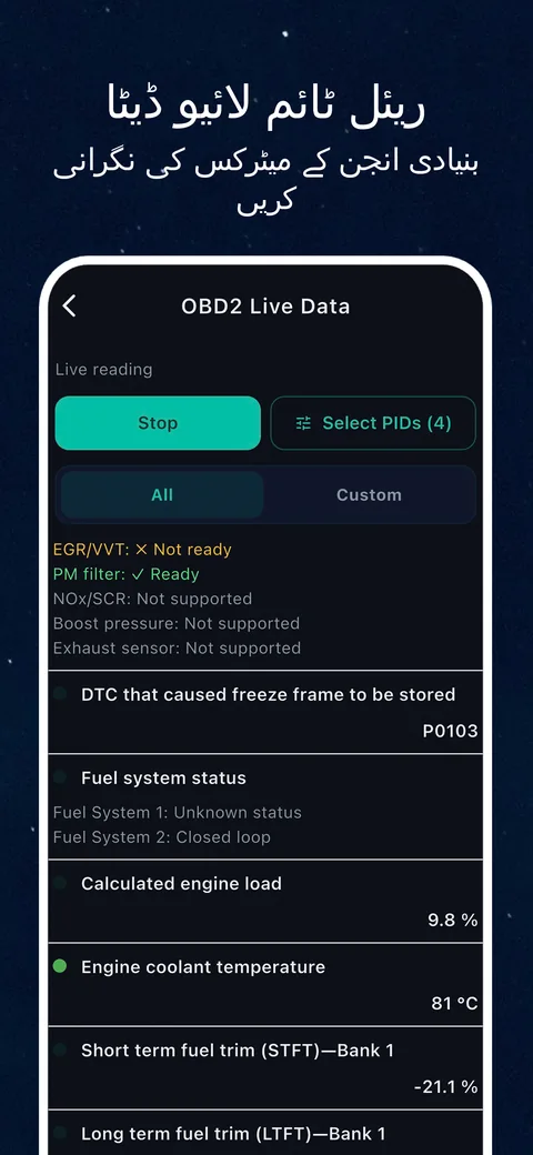 OBD CAN انٹرفیس کی مثال: OBD2 لائیو ڈیٹا: دیکھیں کہ معاون سینسر ابھی کیا بتا رہے ہیں