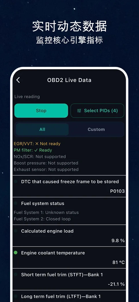 OBD CAN 界面示例: OBD2 实时数据:查看传感器此刻报告的数值